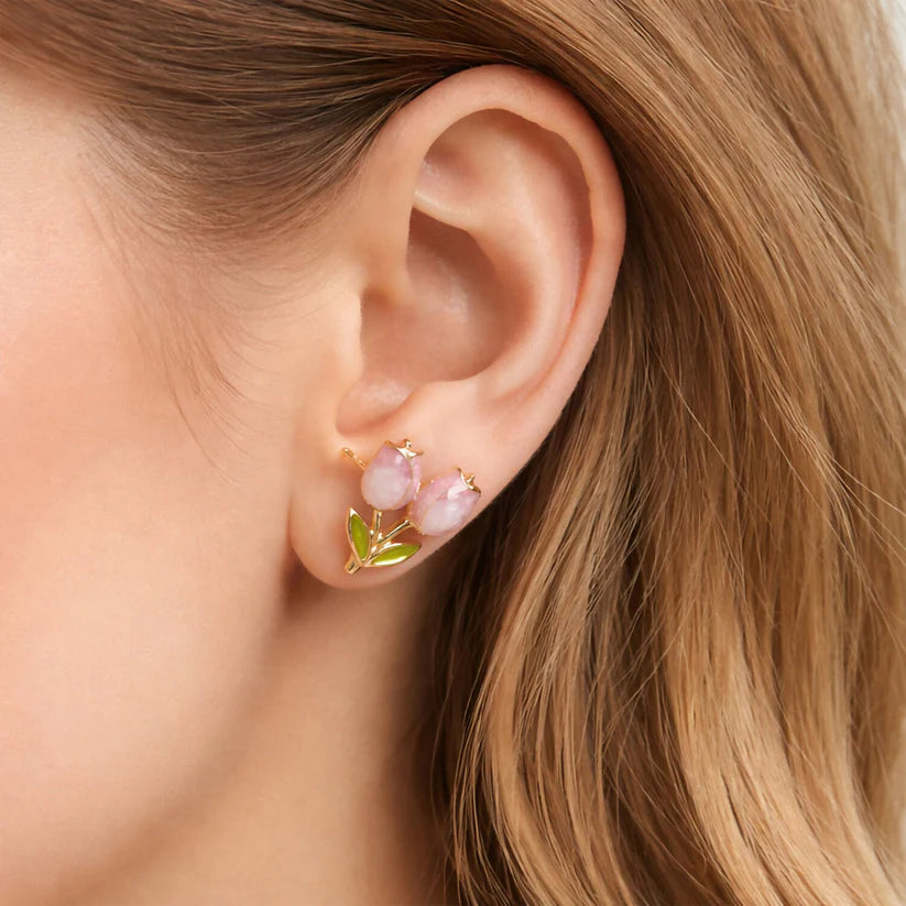 Korean Style Pink Tulip Flower Stud Earrings for Women & Girls